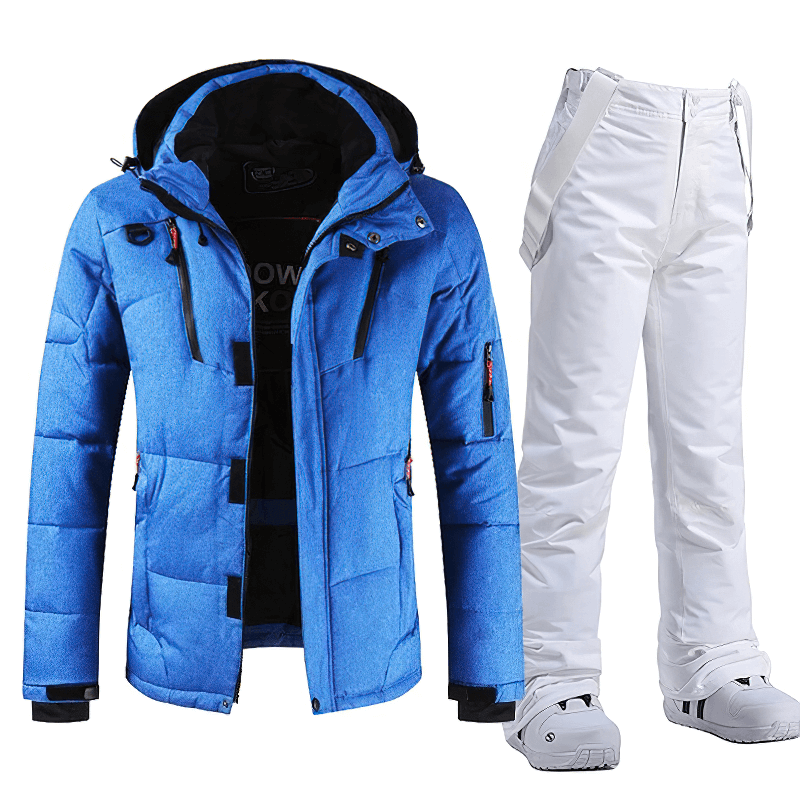 Blue and white waterproof windproof ski suit, featuring high-quality polyester and duck down for warmth and breathability.